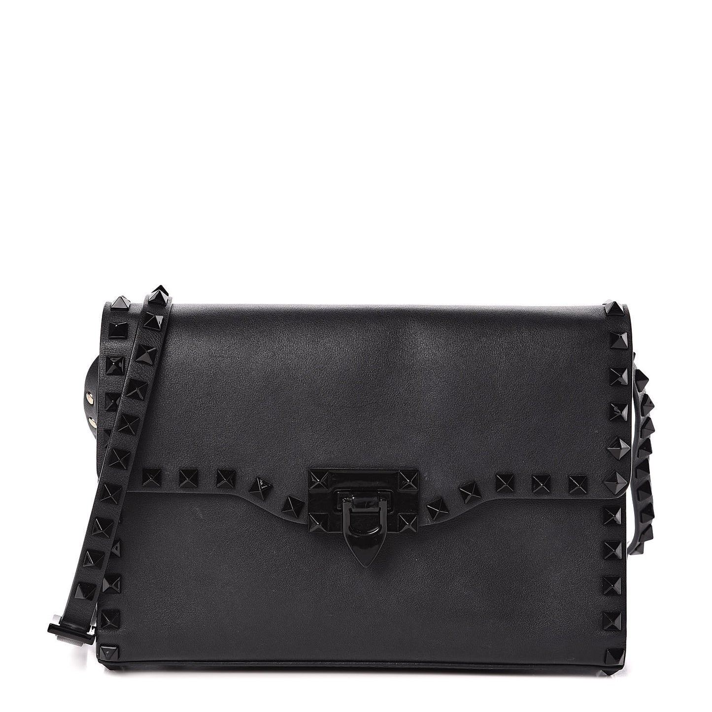 Vitello Monochrome Medium Rockstud Flip Lock Crossbody Bag Black