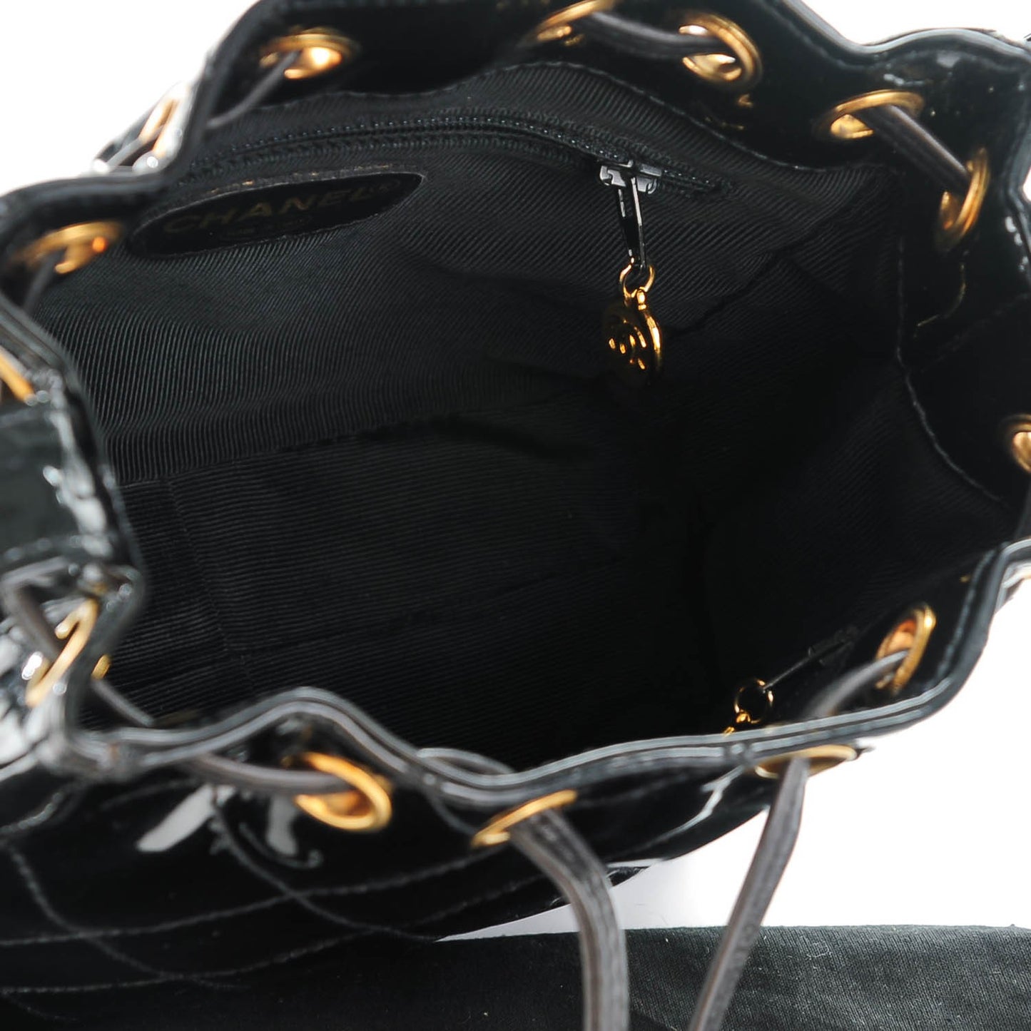 Patent Quilted Drawstring Shoulder Bag Black