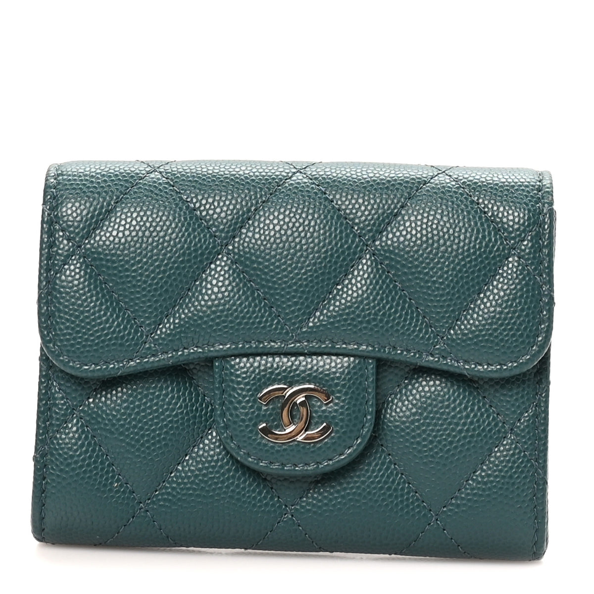 Caviar Quilted Flap Card Holder Wallet Green