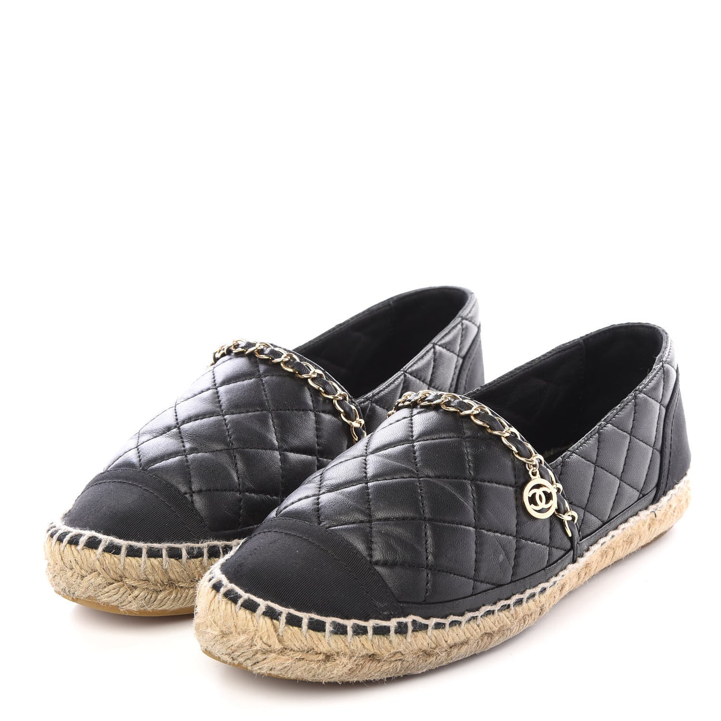 Lambskin Grosgrain Quilted CC Chain Espadrilles 36 Black
