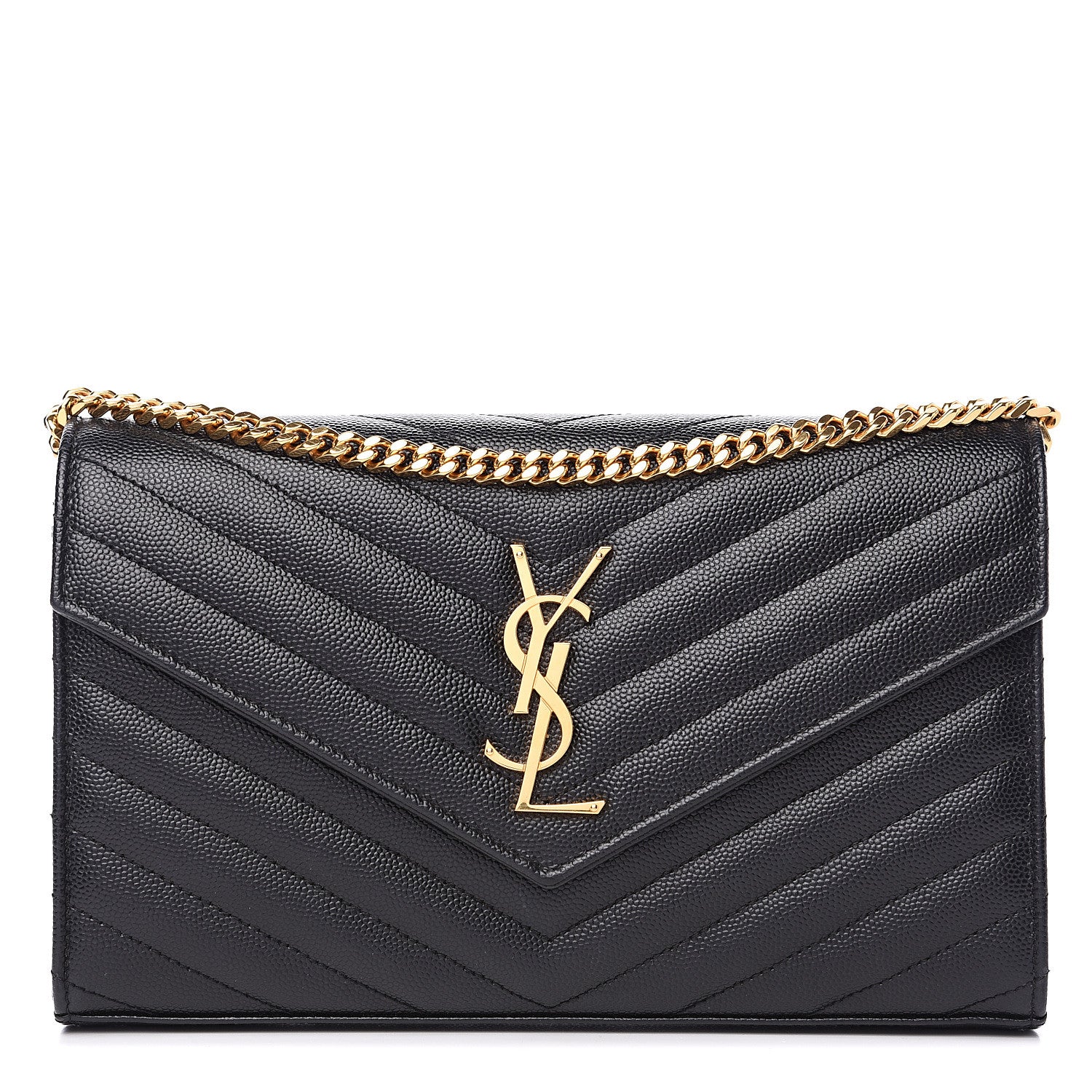 Saint Laurent Grain De Poudre Matelasse Chevron Monogram Chain Wallet Black 1 of 8