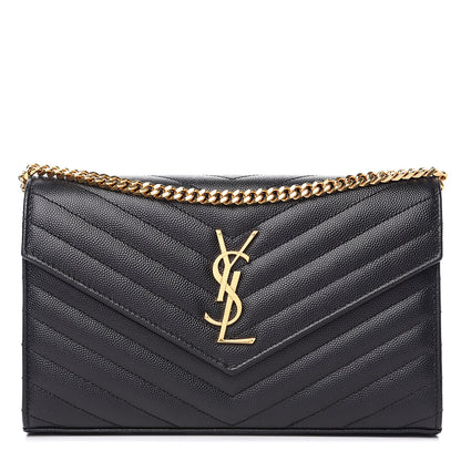 Saint Laurent Grain De Poudre Matelasse Chevron Monogram Chain Wallet Black 1 of 8