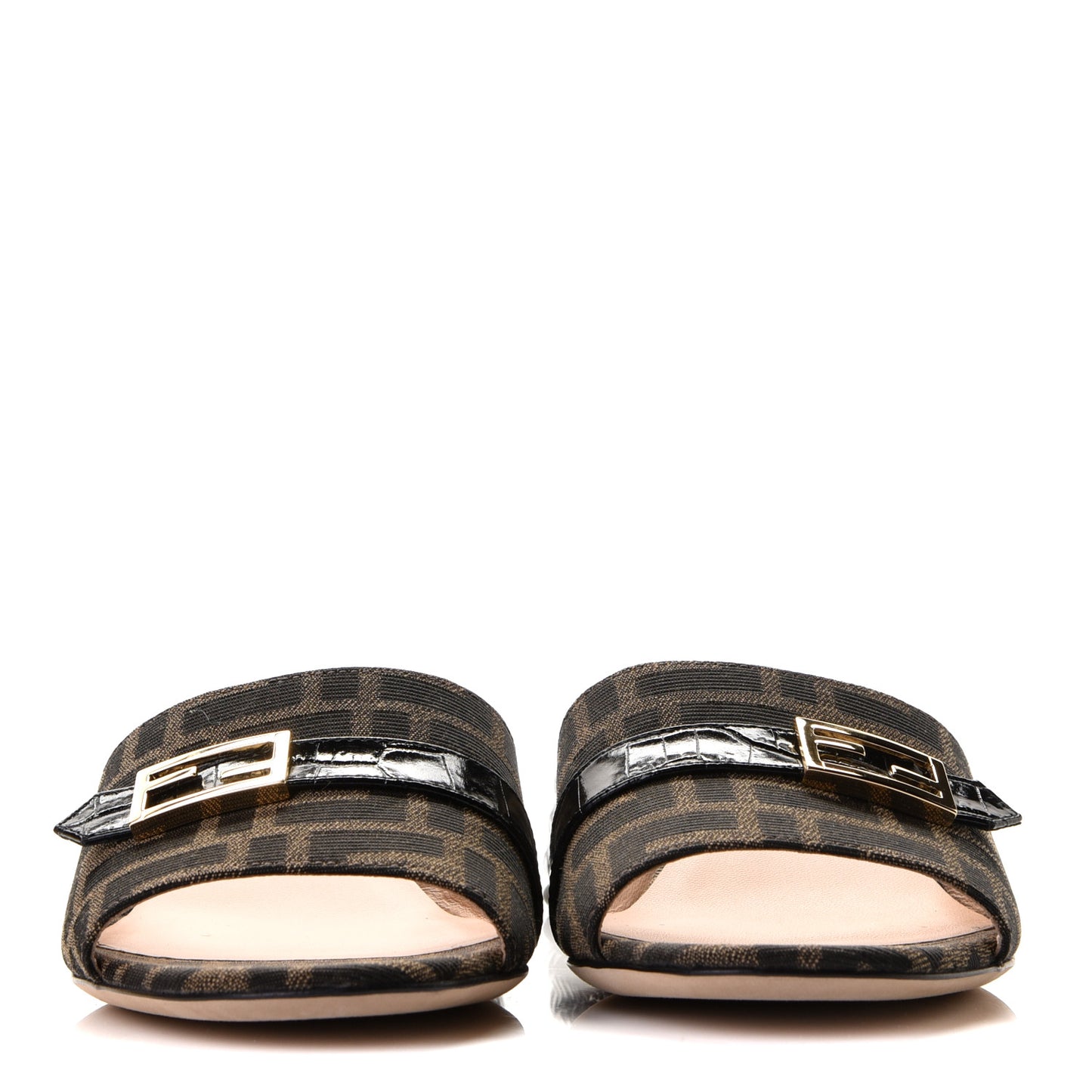 Jacquard Calfskin FF Crocodile Embossed Promenade Slide Sandals 38.5 Tobacco Moro Black
