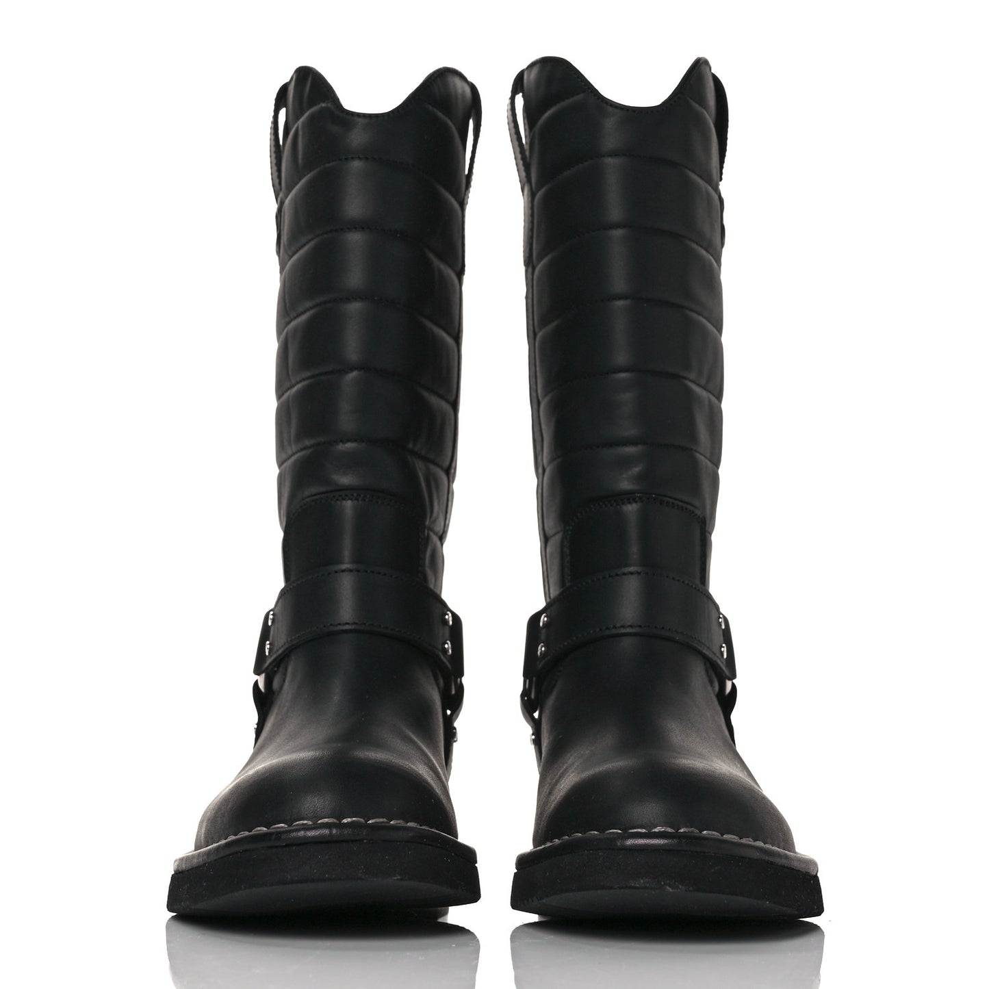 Oily Calfskin Star Quilted Biker Boots 36 Black
