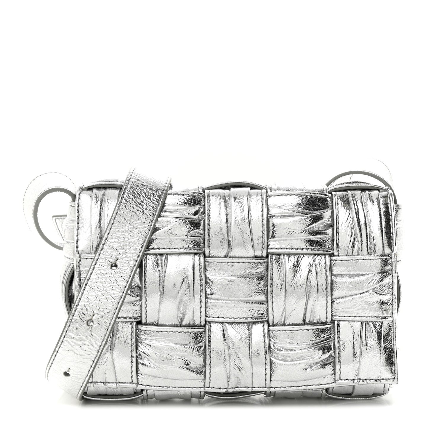 Metallic Calfskin Intreccio Plisse Small Cassette Crossbody Bag Silver