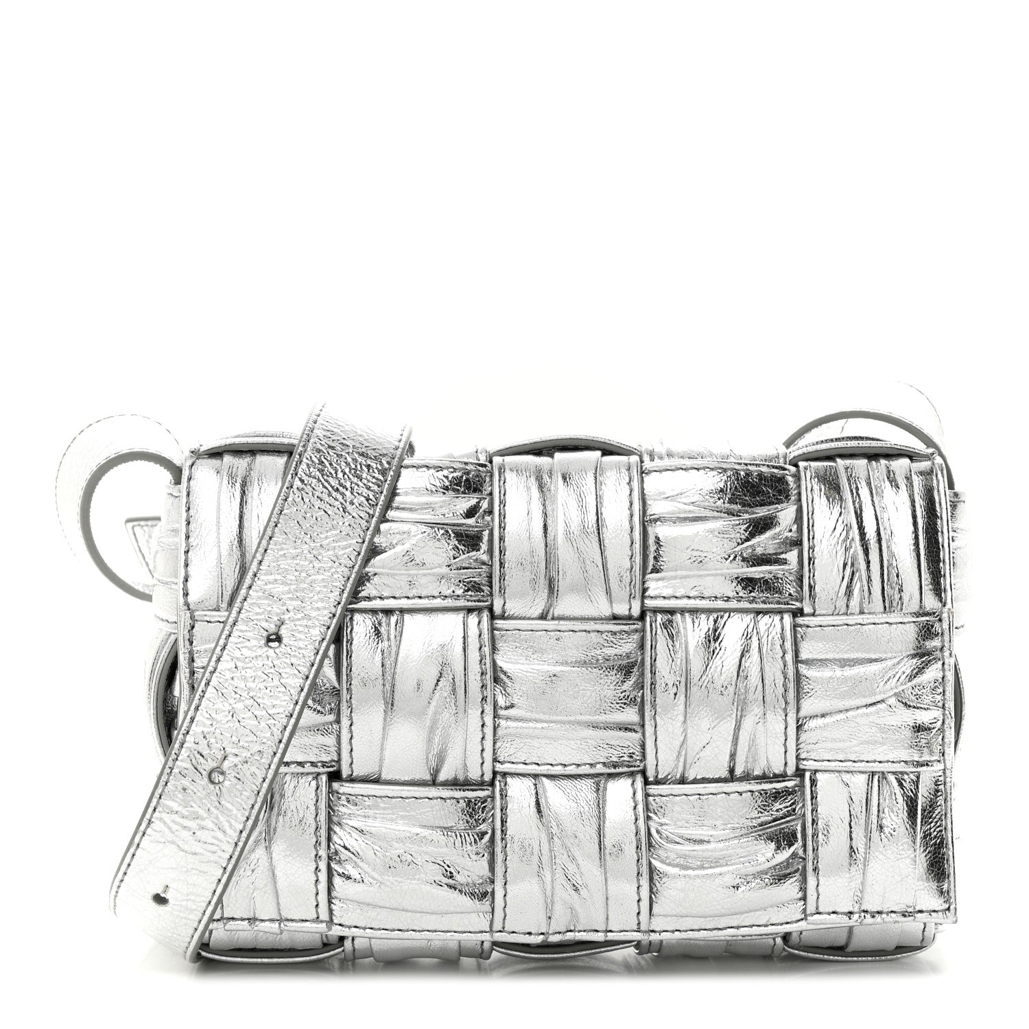 Bottega Veneta Metallic Calfskin Intreccio Plisse Small Cassette Crossbody Bag Silver 1 of 9