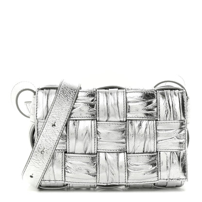 Bottega Veneta Metallic Calfskin Intreccio Plisse Small Cassette Crossbody Bag Silver 1 of 9
