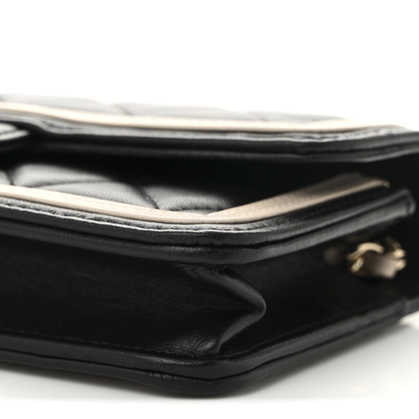 Lambskin Quilted Flap Phone Holder With Chain Black Beige