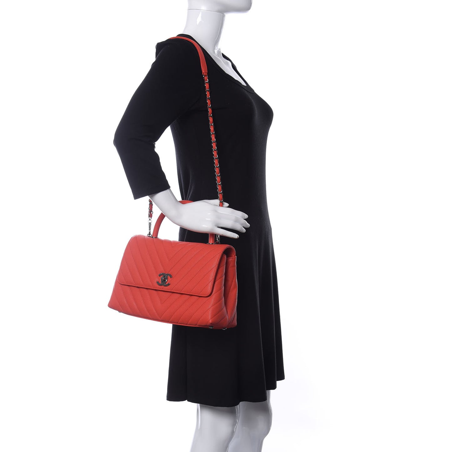 Caviar Chevron Quilted Small Coco Handle Flap Coral