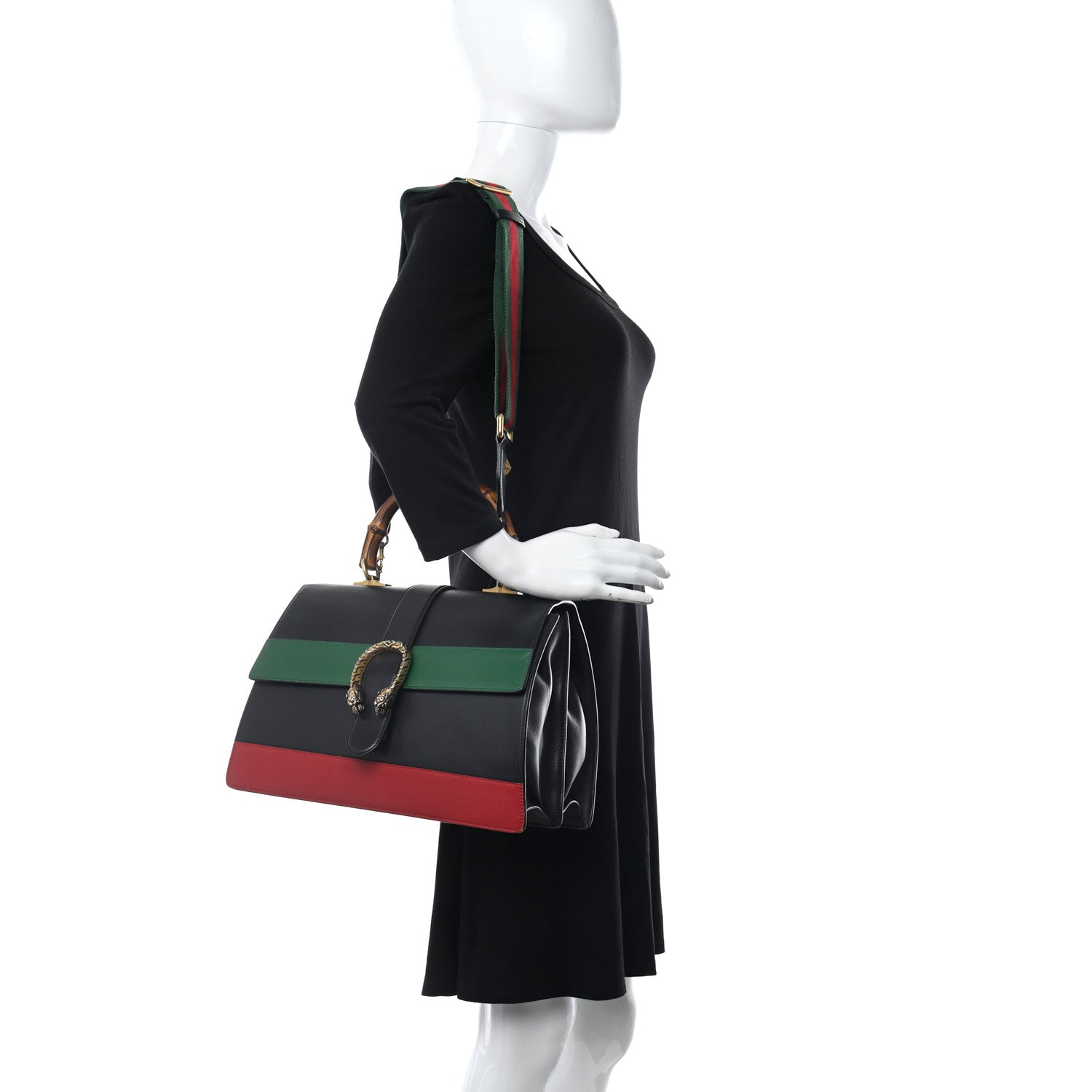 Gucci Calfskin Bamboo Web Large Dionysus Top Handle Bag Black Bright Evergreen Hibiscus Red 2 of 17
