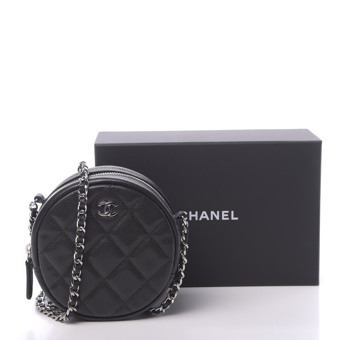Caviar Quilted Round Clutch With Chain Black