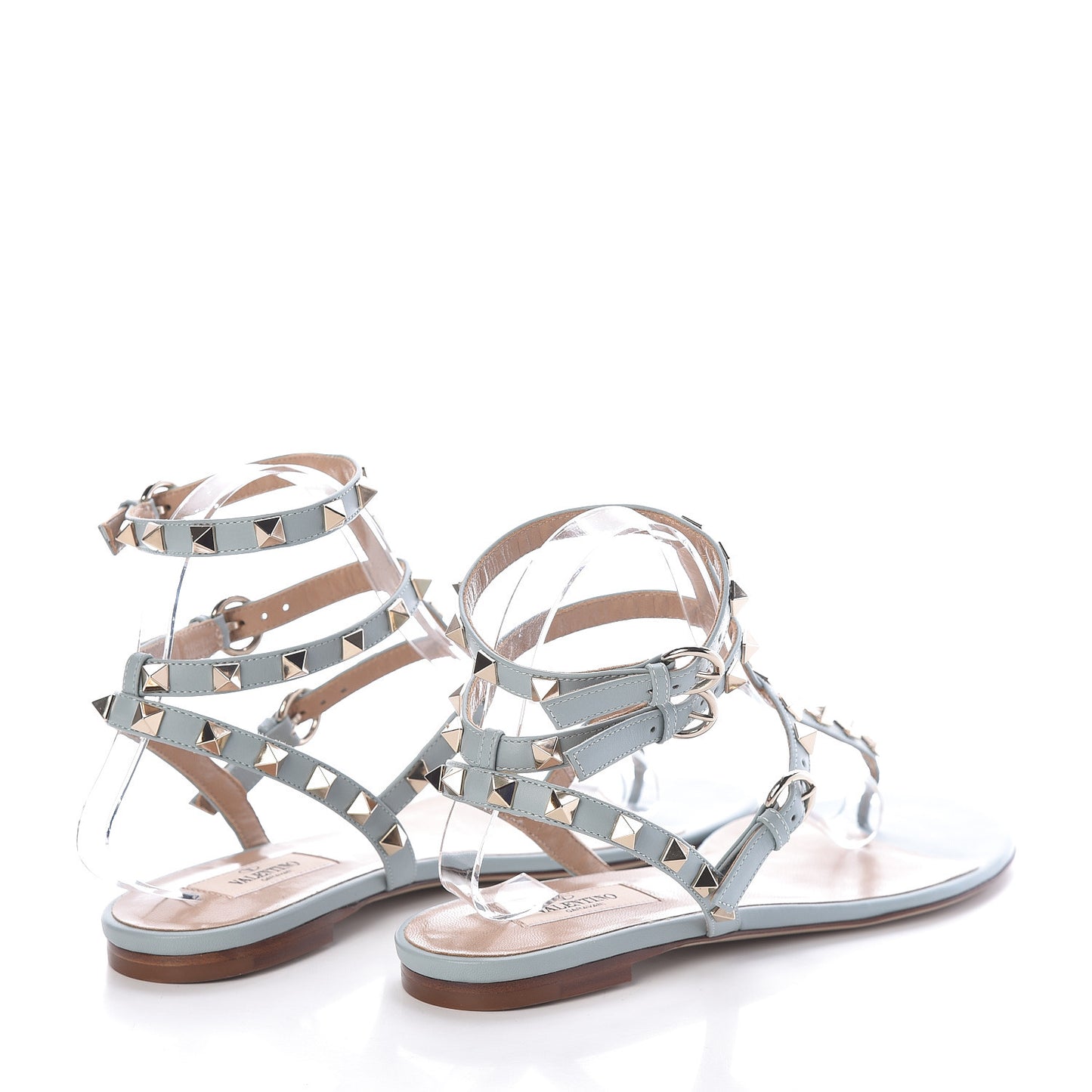 Nappa Rockstud Ankle Wrap Flat Thong Sandals 38 Celadon