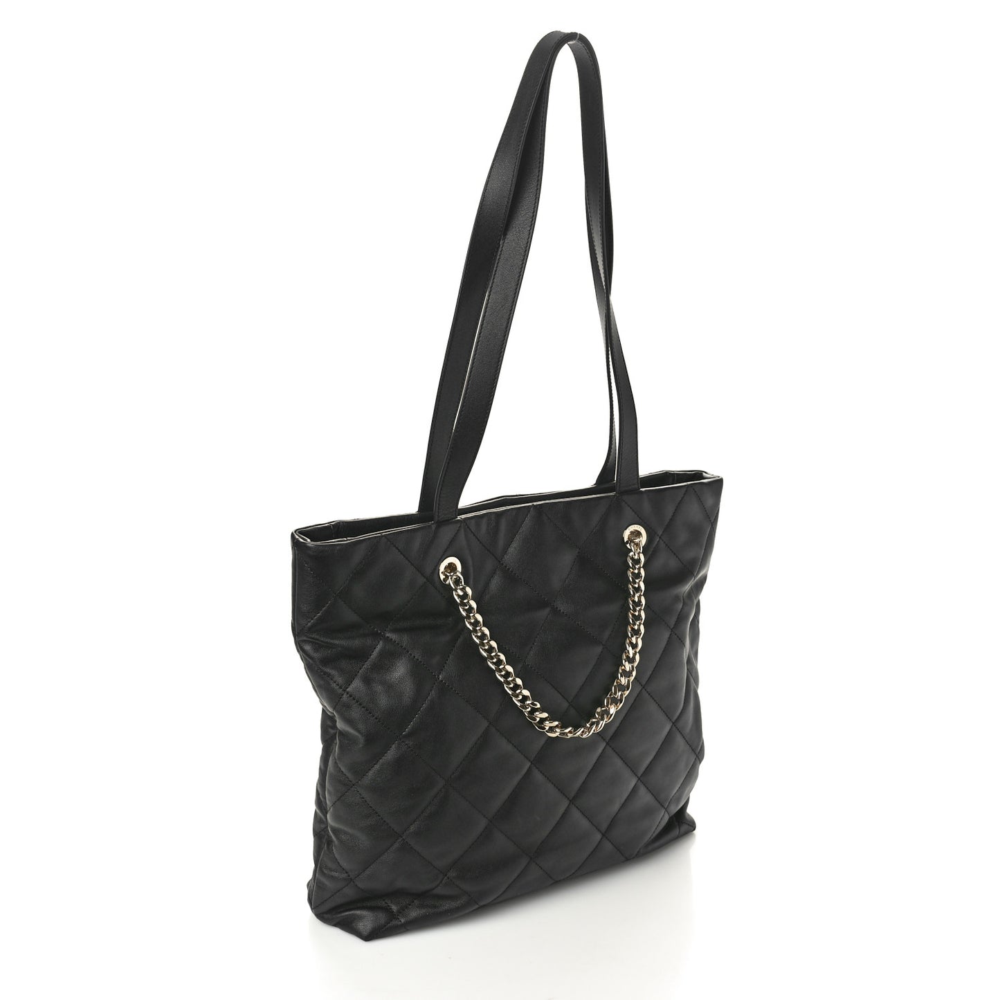 Calfskin Quilted Pocket Shopping Tote Black