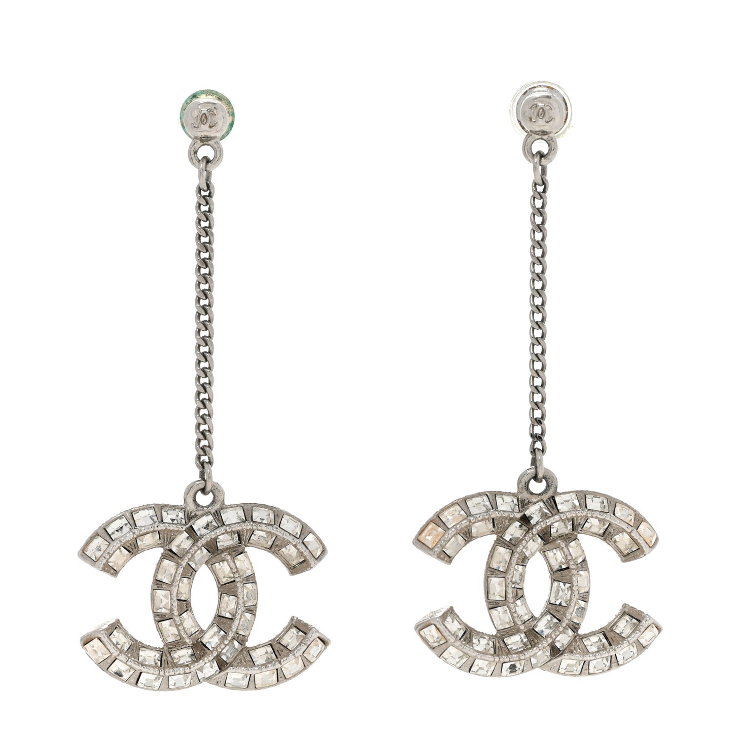 Baguette Crystal CC Drop Earrings Silver
