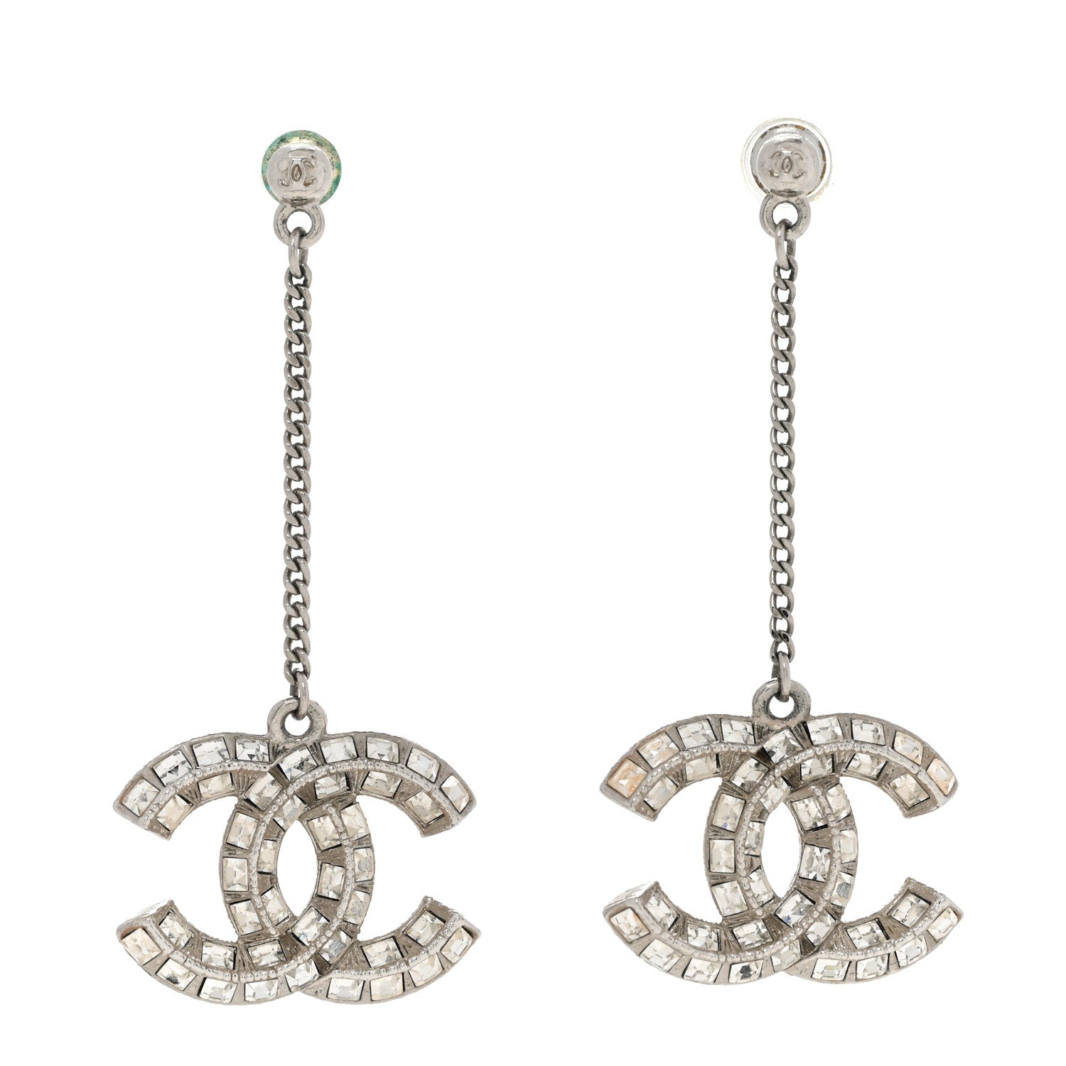 Chanel Baguette Crystal CC Drop Earrings Silver 1 of 5