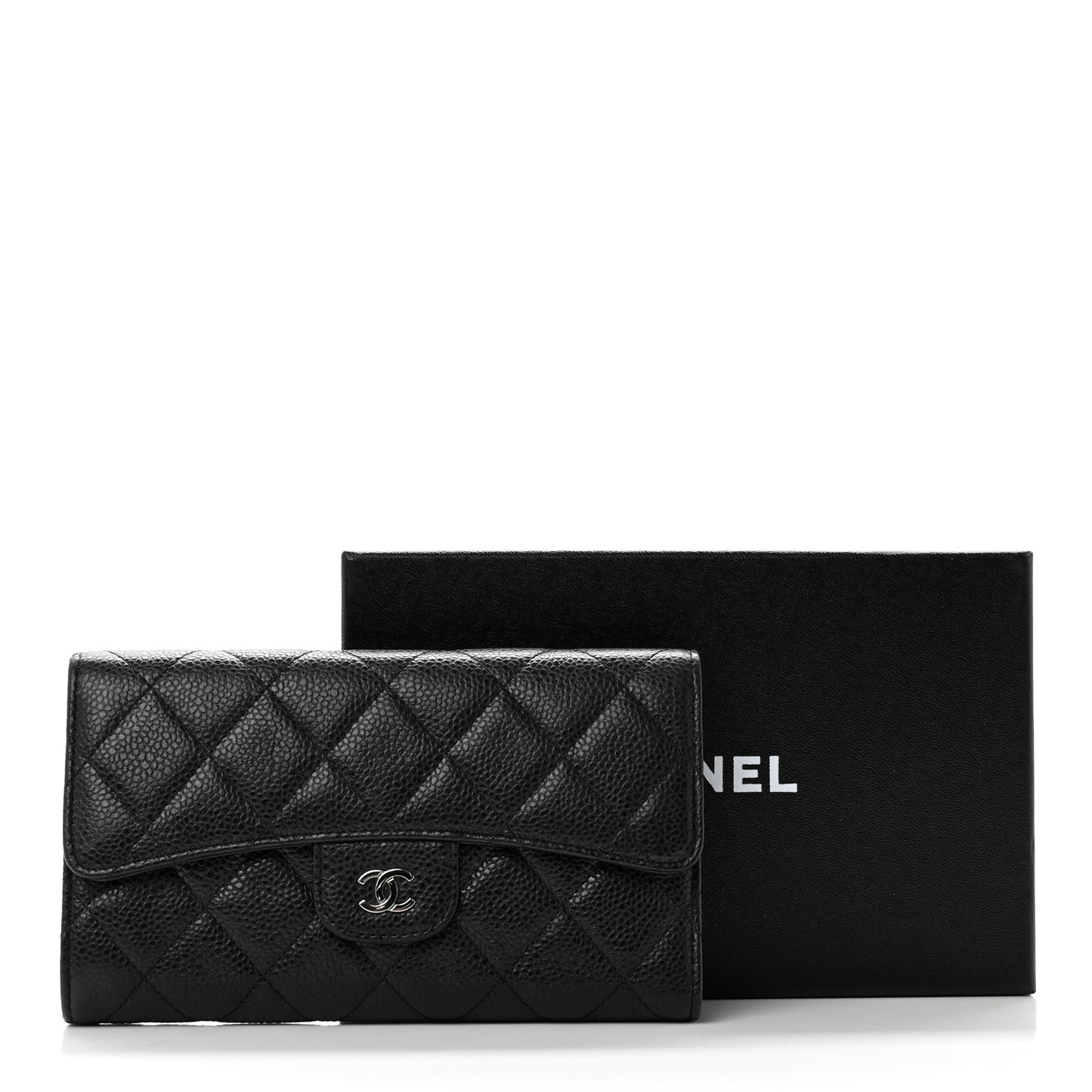 Caviar Quilted Large Gusset Flap Wallet Black