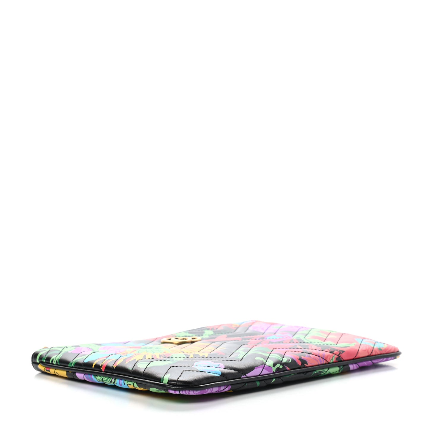 X KEN SCOTT Calfskin Matelasse Floral Print GG Marmont Zip Pouch Black