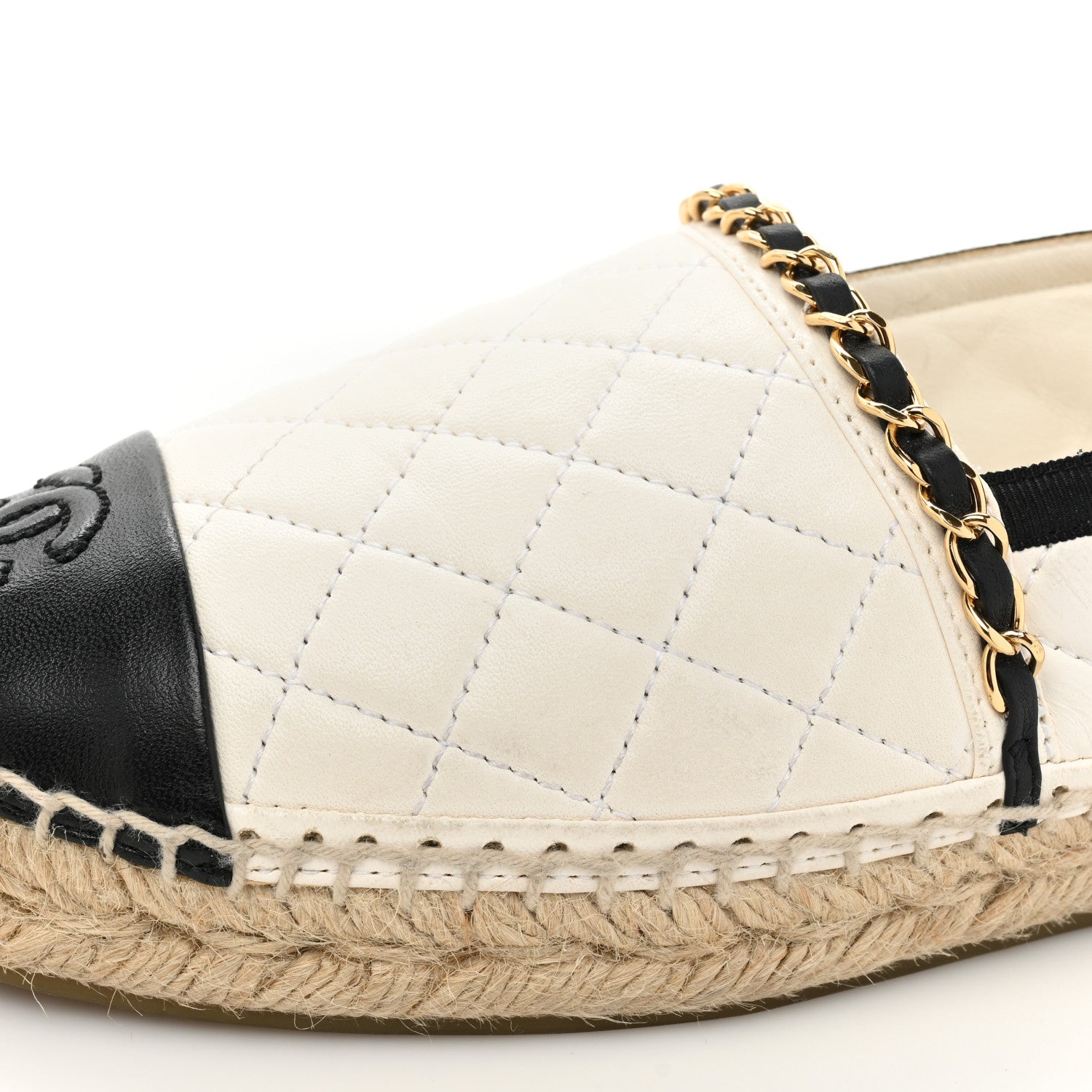 Chanel Lambskin Grosgrain Quilted CC Chain Espadrilles 37 White Black 15 of 17