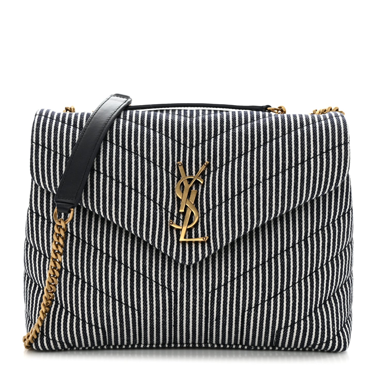 Striped Denim Y Quilted Monogram Small Loulou Chain Satchel Marine Vintage White