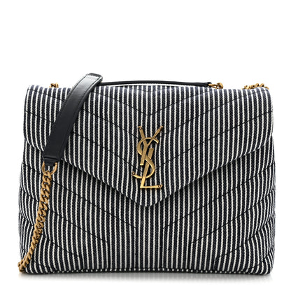 Saint Laurent Striped Denim Y Quilted Monogram Small Loulou Chain Satchel Marine Vintage White 1 of 10