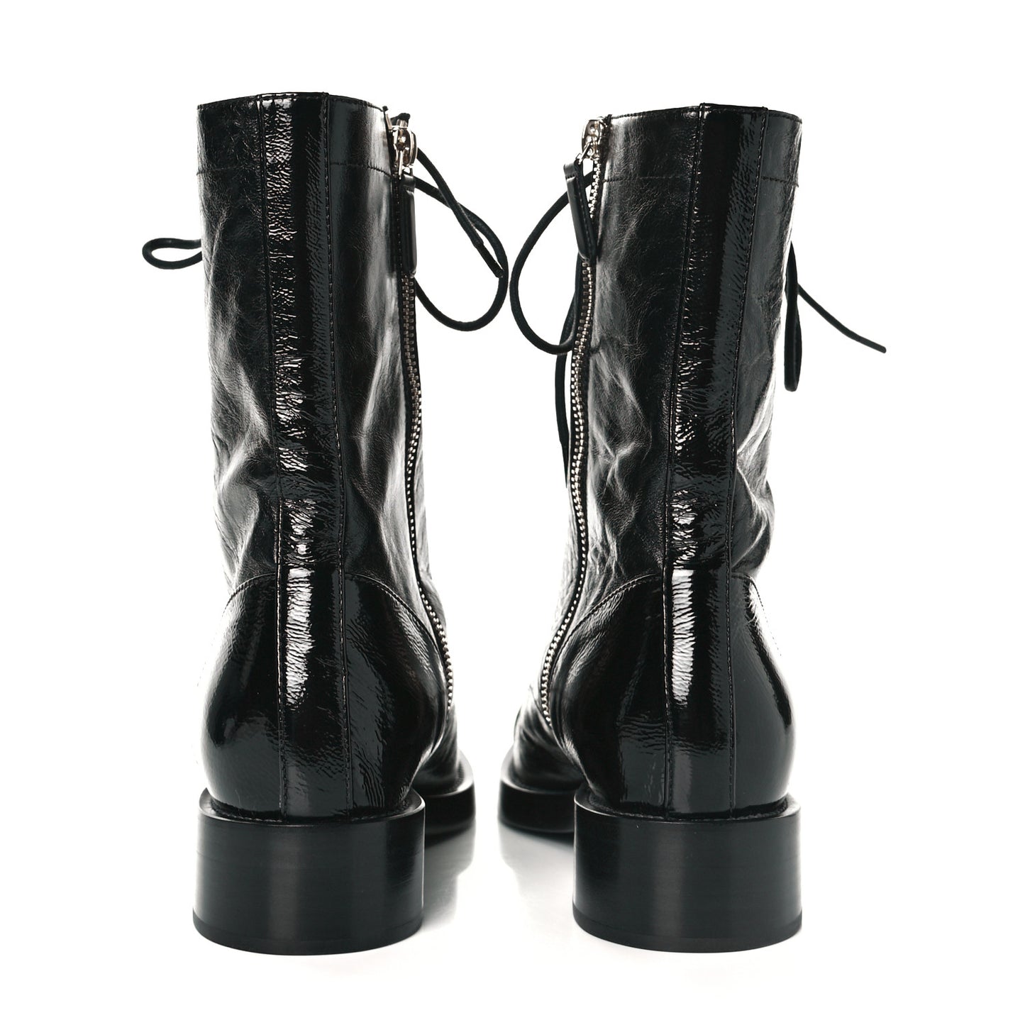 Crumpled Lambskin Shiny Calfskin Lace Up Combat Boots 38.5 Black