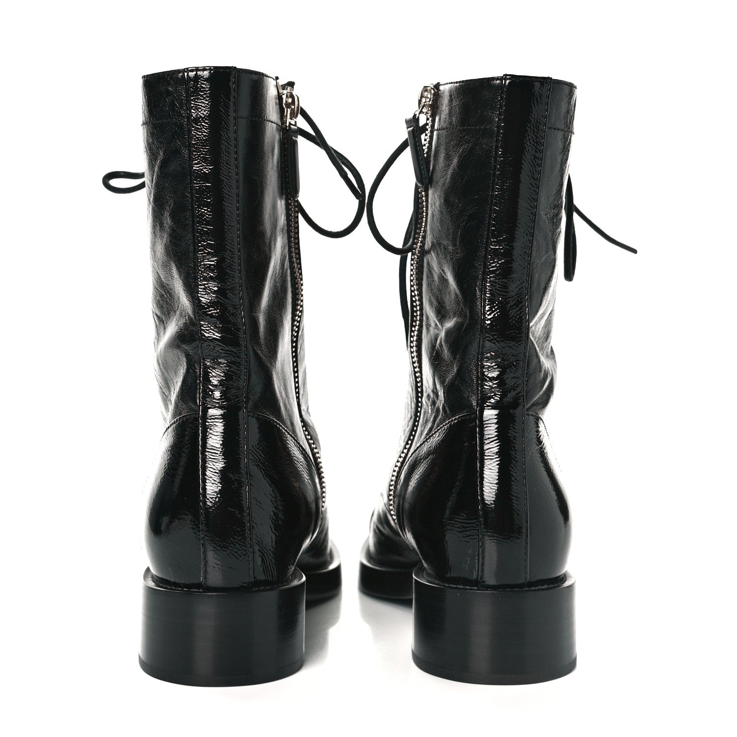 Chanel Crumpled Lambskin Shiny Calfskin Lace Up Combat Boots 38.5 Black 5 of 8