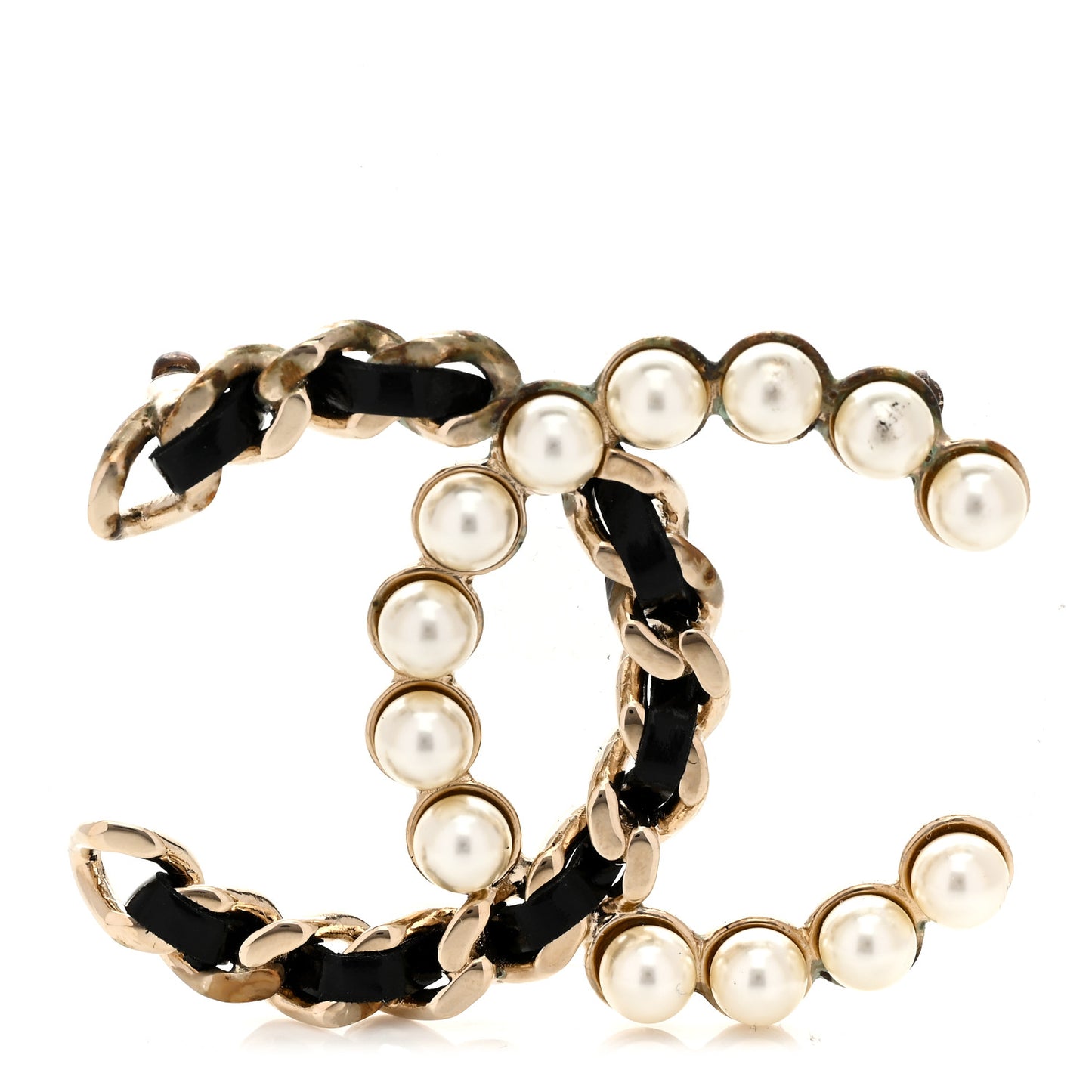 Lambskin Pearl CC Chain Brooch Black Gold