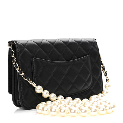 Chanel Lambskin Quilted Pearl Wallet On Chain WOC Black 3 of 12