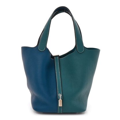 Hermes Taurillon Clemence Casaque Picotin Lock 22 MM Vert Bosphore Deep Bleu 1 of 11