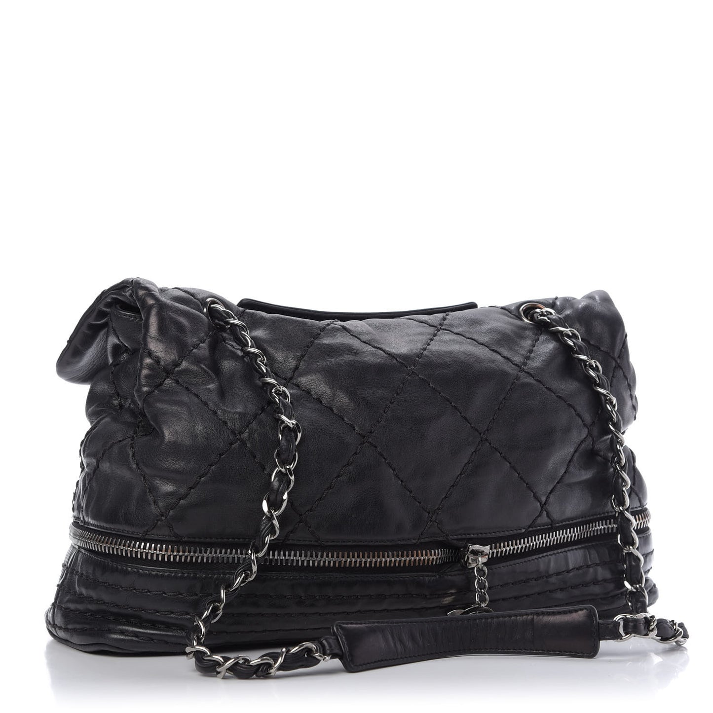 Calfskin Stitched Large Expandable Flap Bag Black