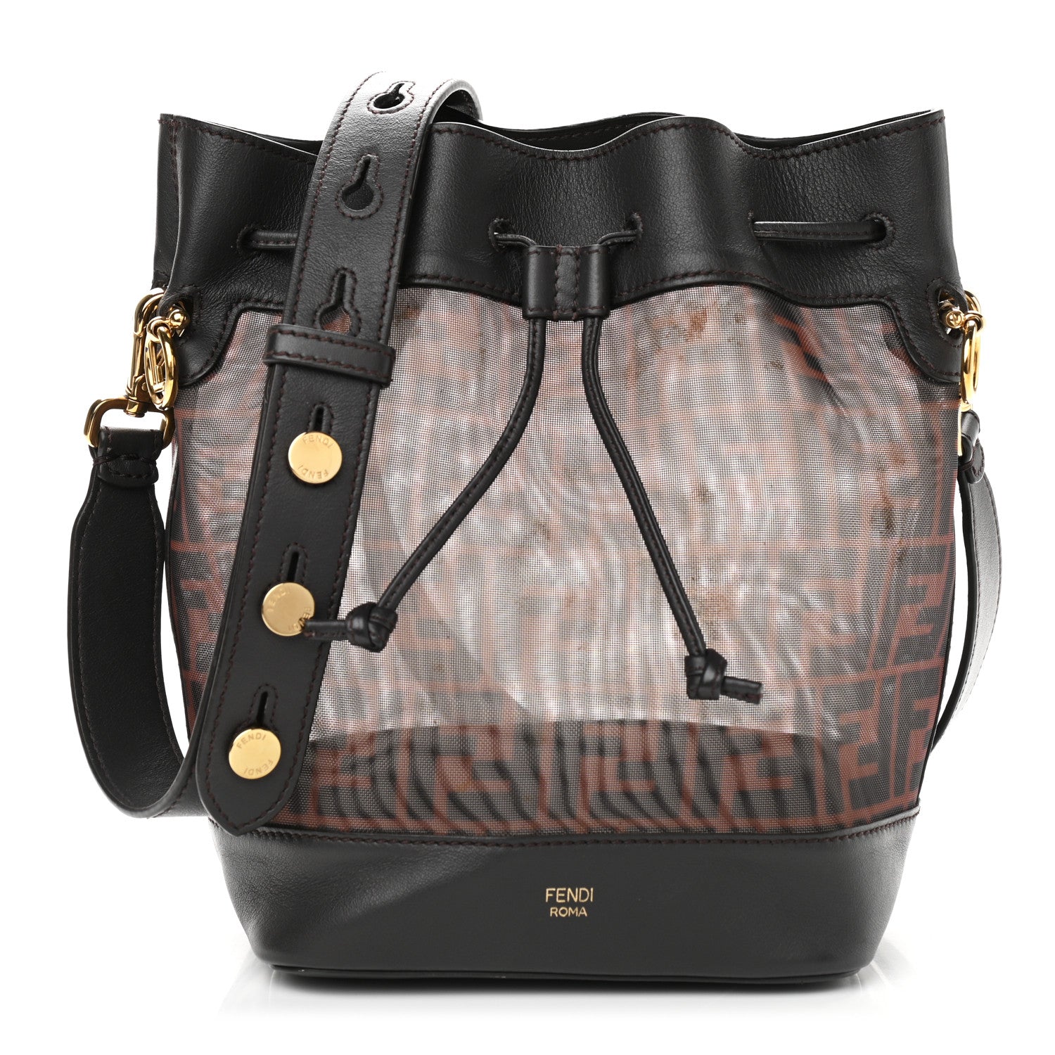 Fendi Mesh Vitello Grace F is Fendi FF 1974 Grande Mon Tresor Bucket Bag Marrone Black Ebano 1 of 11