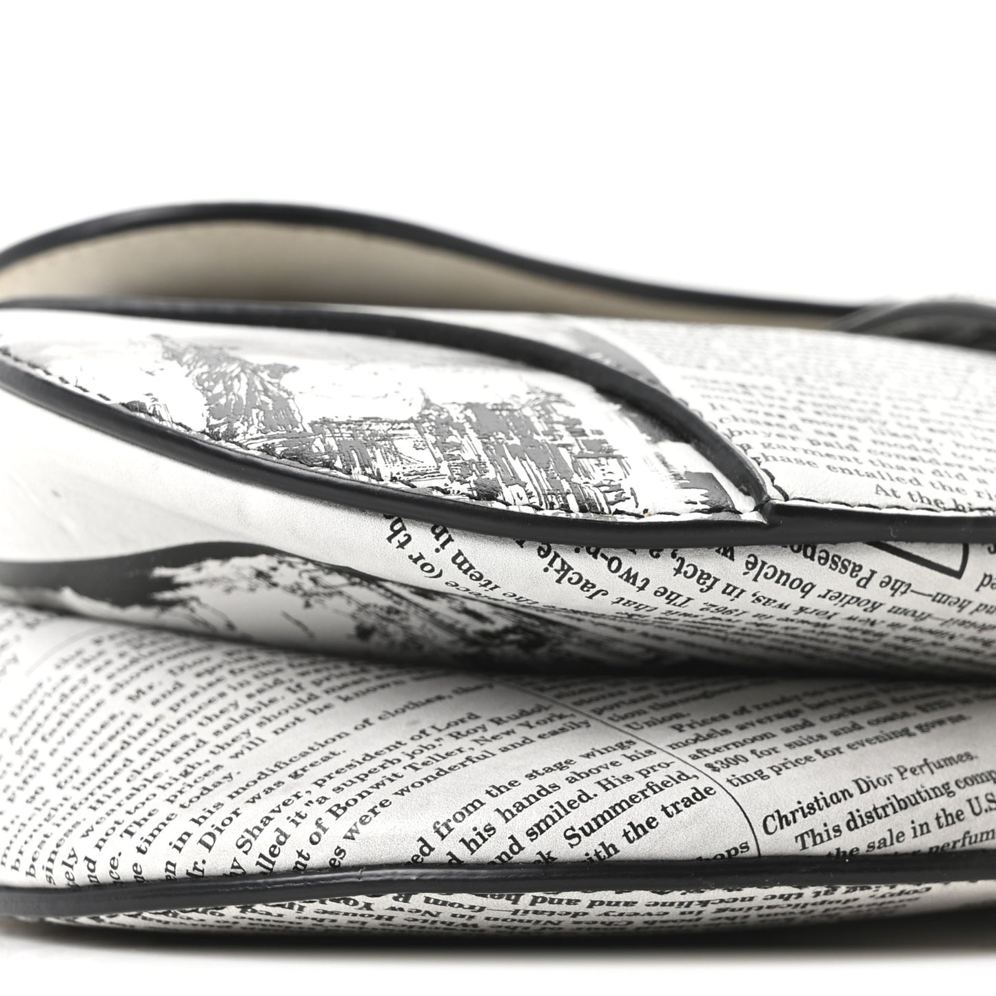Calfskin Newspaper Printed Saddle Bag With Strap Black White
