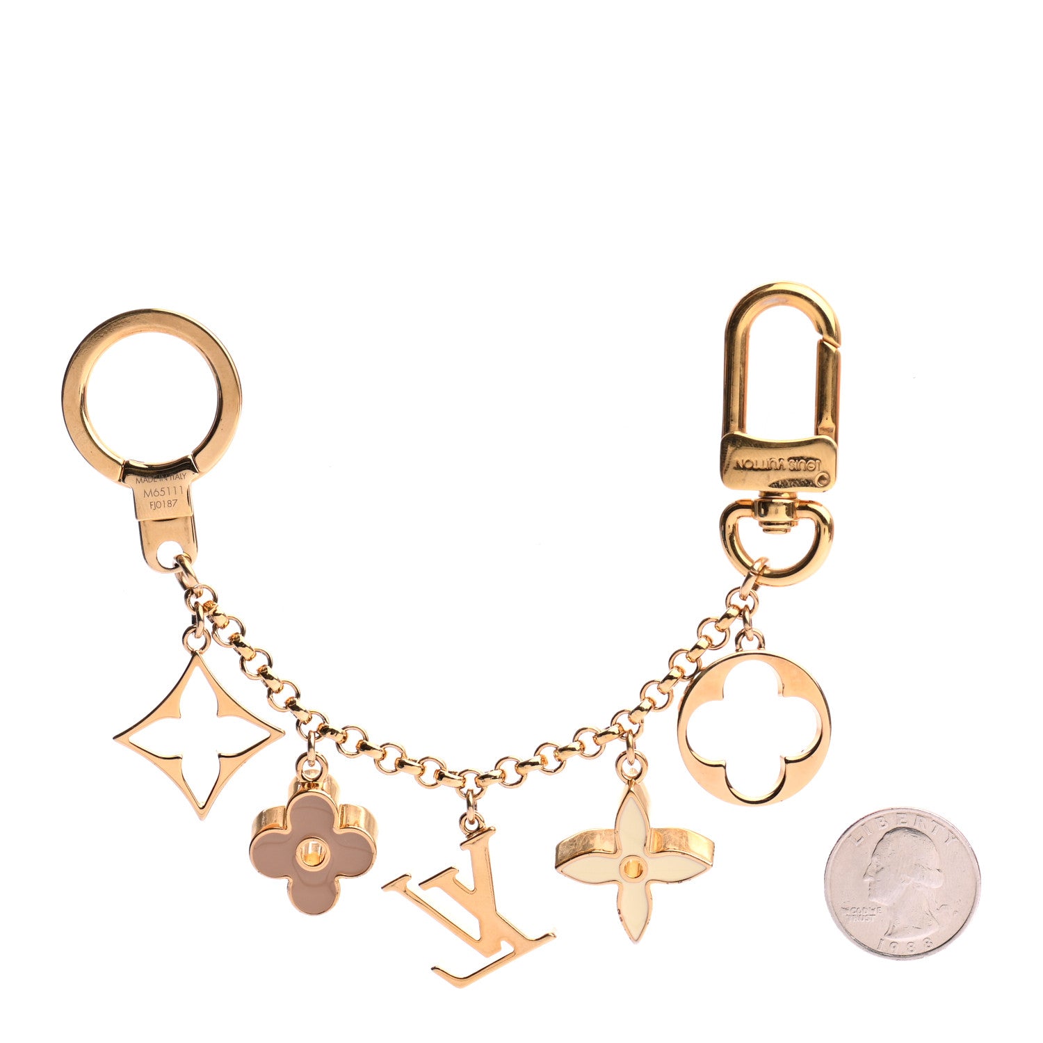 Louis Vuitton Brass Enamel Fleur De Monogram Bag Charm Chain Gold 2 of 4