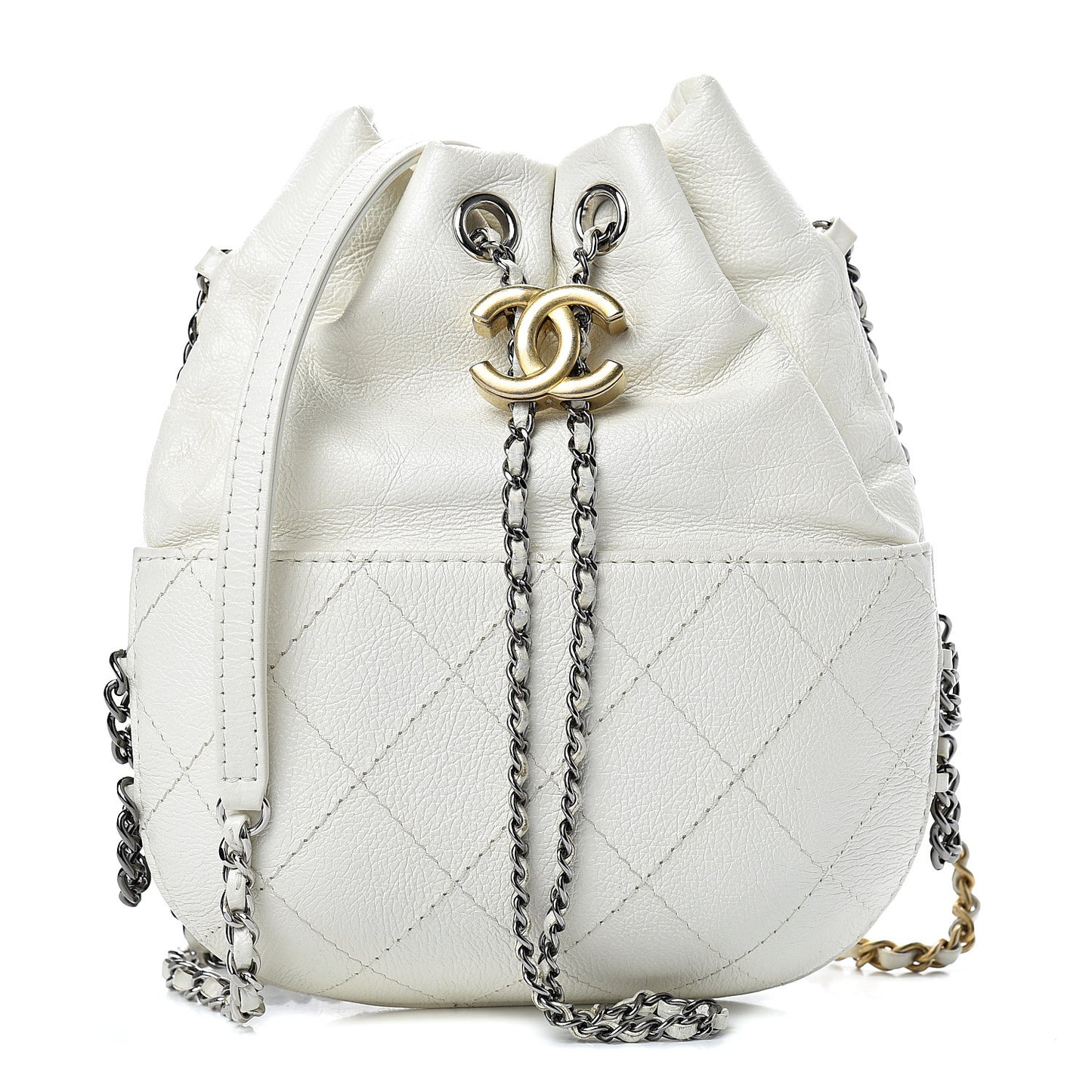 Aged Calfskin Quilted Small Gabrielle Bucket White