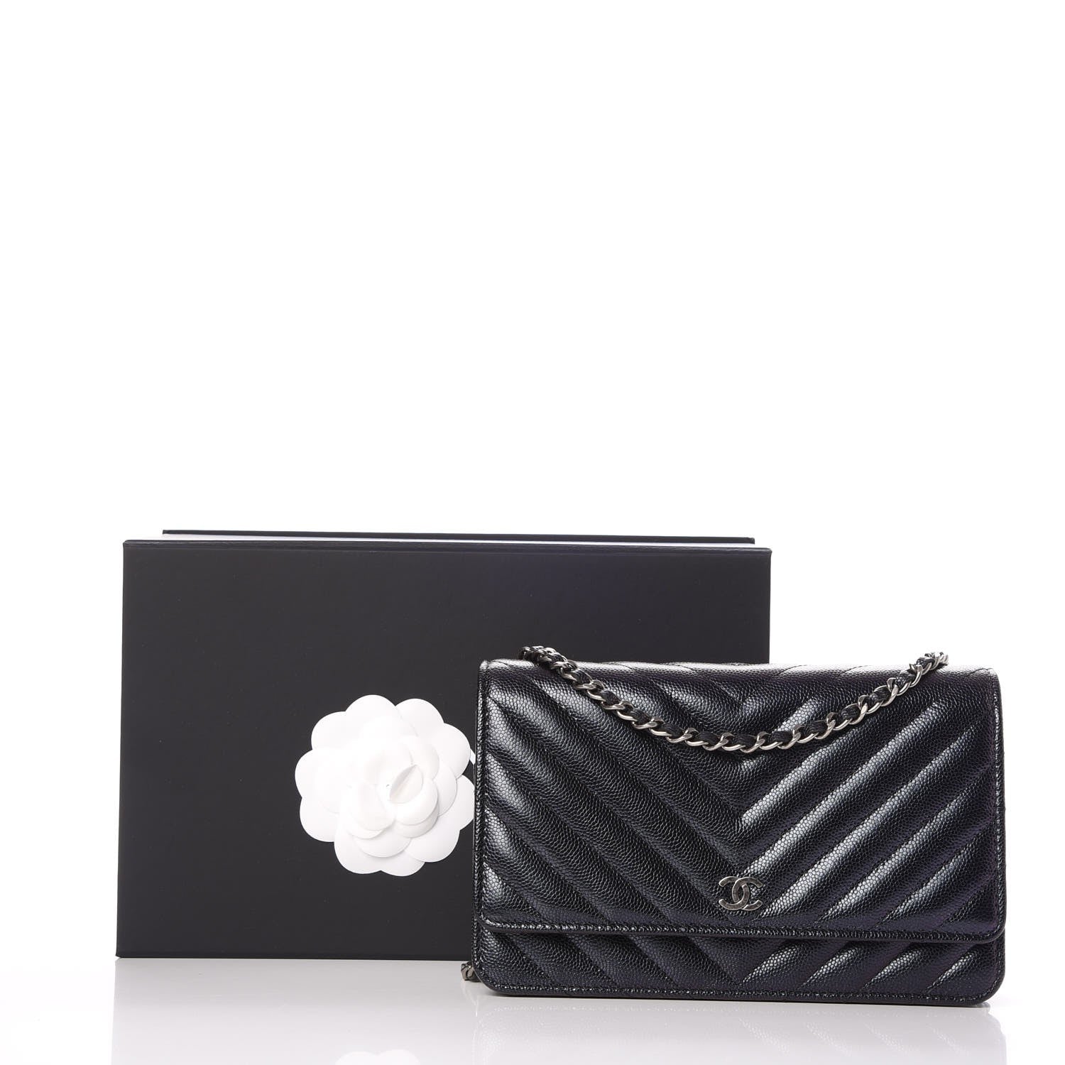 Chanel Iridescent Caviar Chevron Quilted Wallet On Chain WOC Black 10 of 10