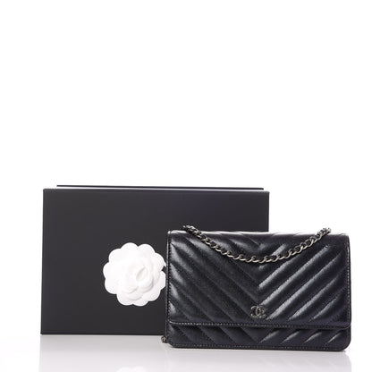 Chanel Iridescent Caviar Chevron Quilted Wallet On Chain WOC Black 10 of 10