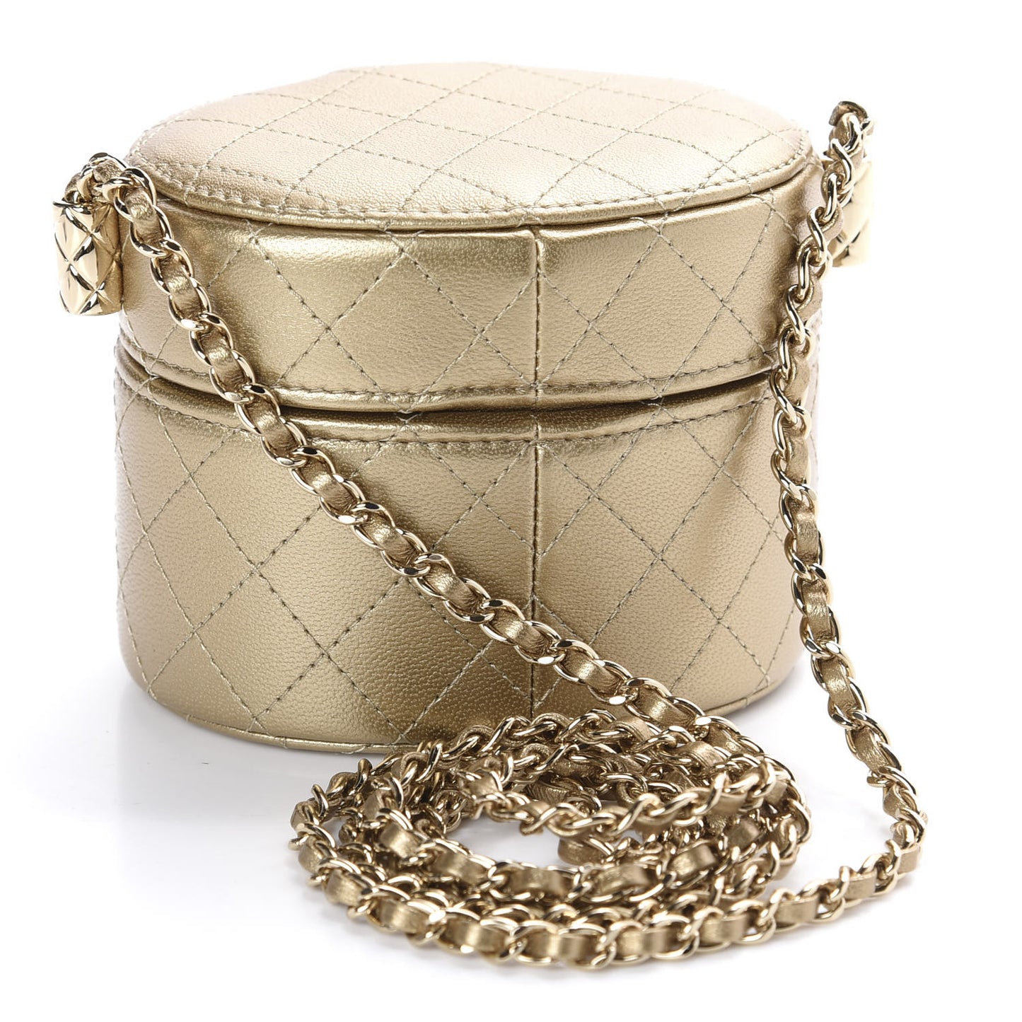 Metallic Lambskin Quilted Round Mini Vanity Case With Chain Gold