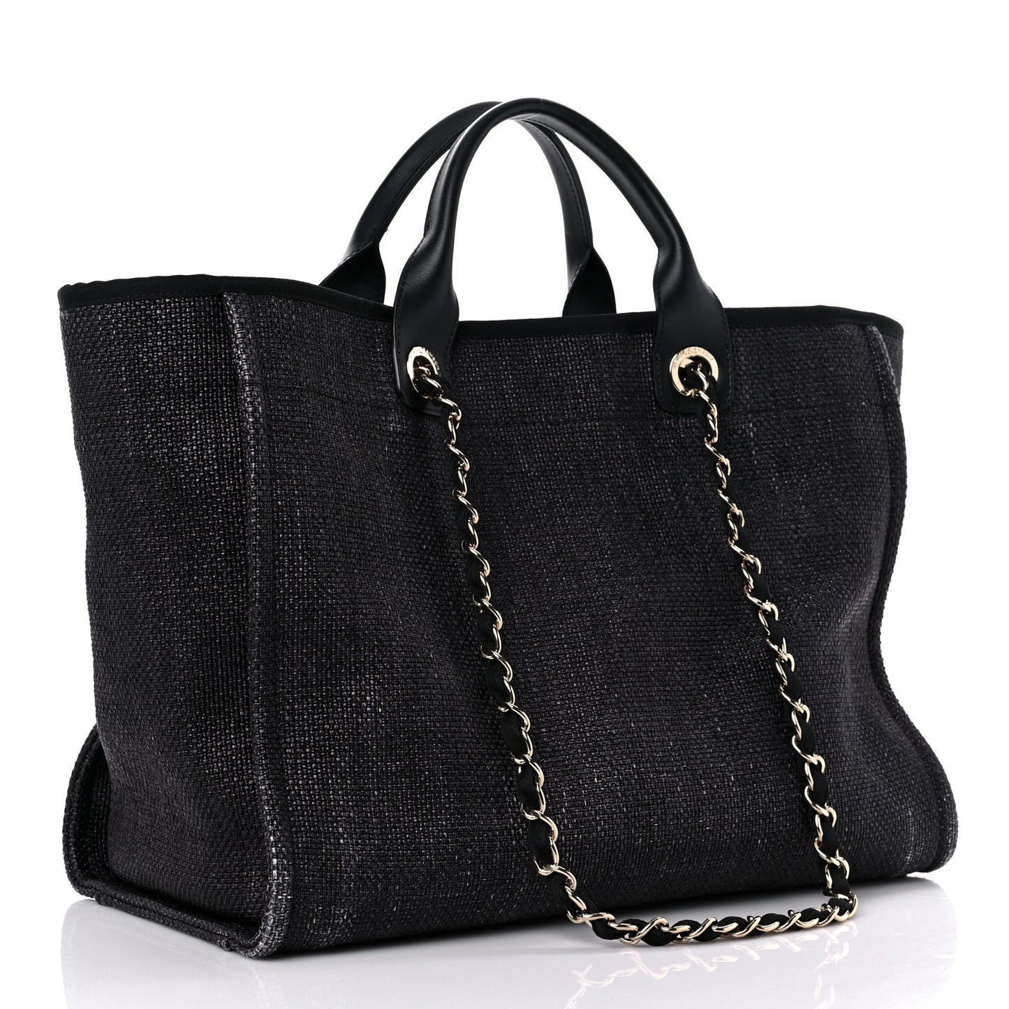 Woven Straw Raffia Large Deauville Tote Black