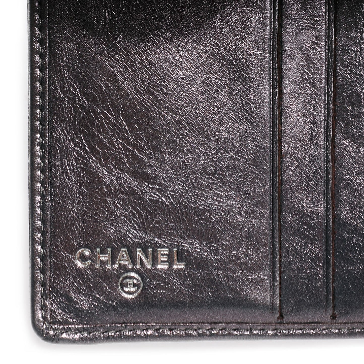 Metallic Calfskin Quilted Cambon Compact Wallet Dark Silver