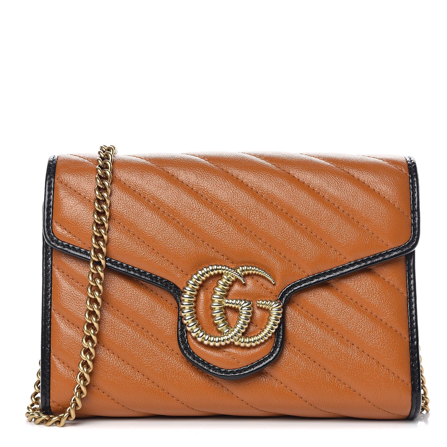 Vintage Effect Calfskin Matelasse Diagonal Torchon GG Marmont Chain Wallet Cognac