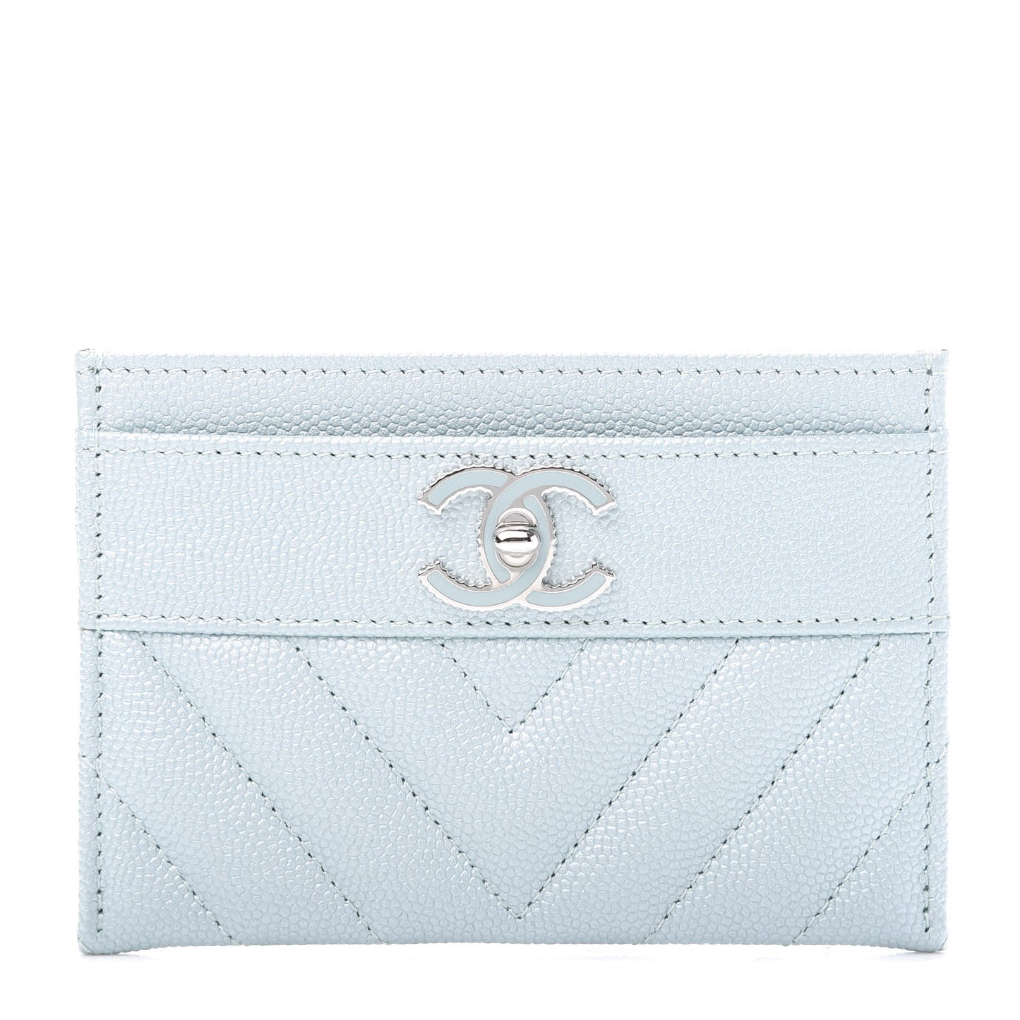 Metallic Caviar Chevron Quilted Vintage Mademoiselle Card Holder Light Blue