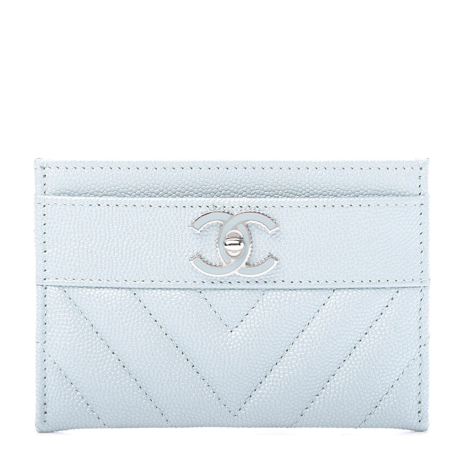 Chanel Metallic Caviar Chevron Quilted Vintage Mademoiselle Card Holder Light Blue 1 of 9