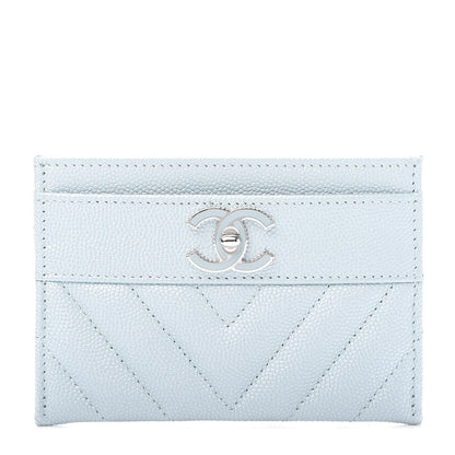 Chanel Metallic Caviar Chevron Quilted Vintage Mademoiselle Card Holder Light Blue 1 of 9