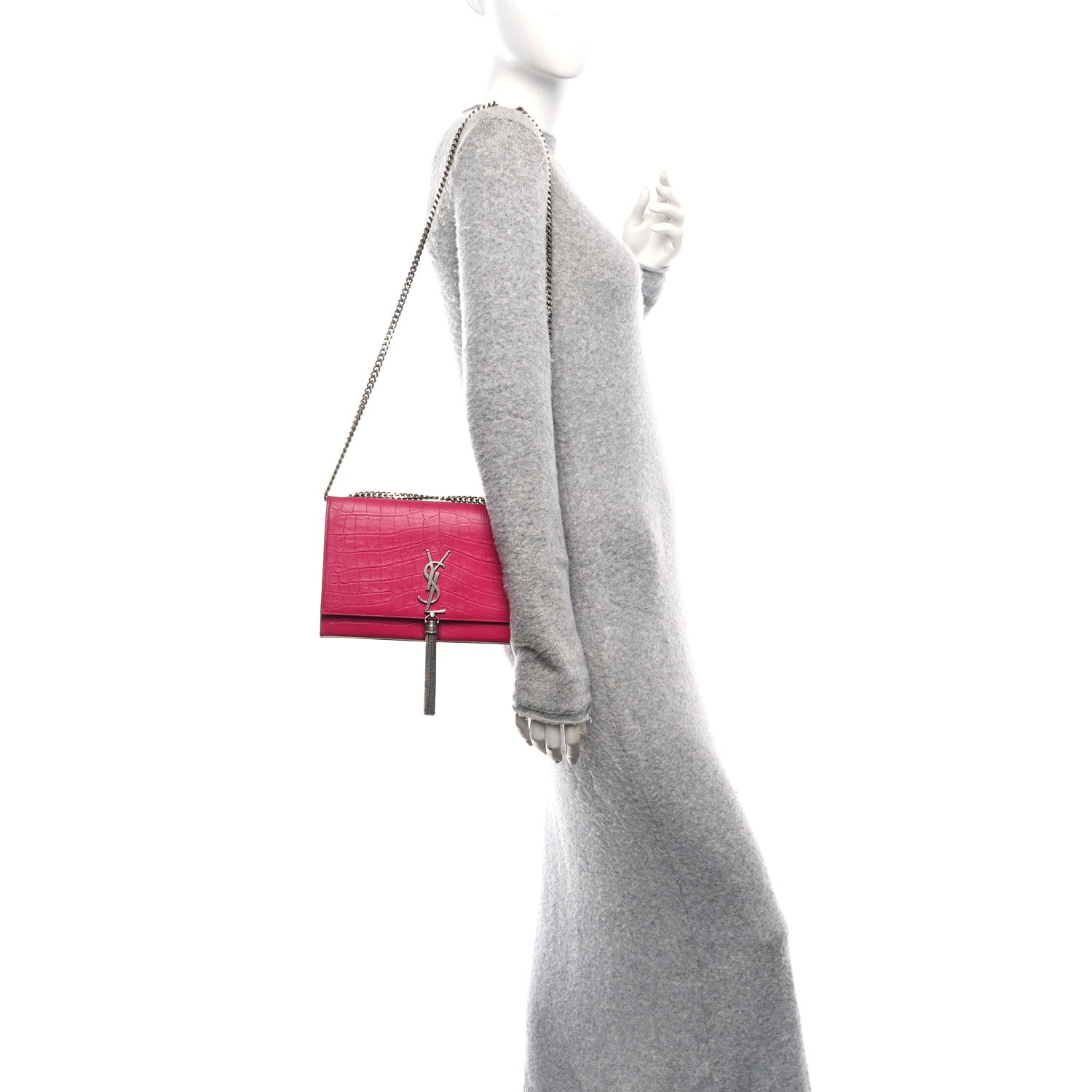 Saint Laurent Calfskin Crocodile Embossed Medium Classic Monogram Kate Tassel Satchel Fuchsia 2 of 9