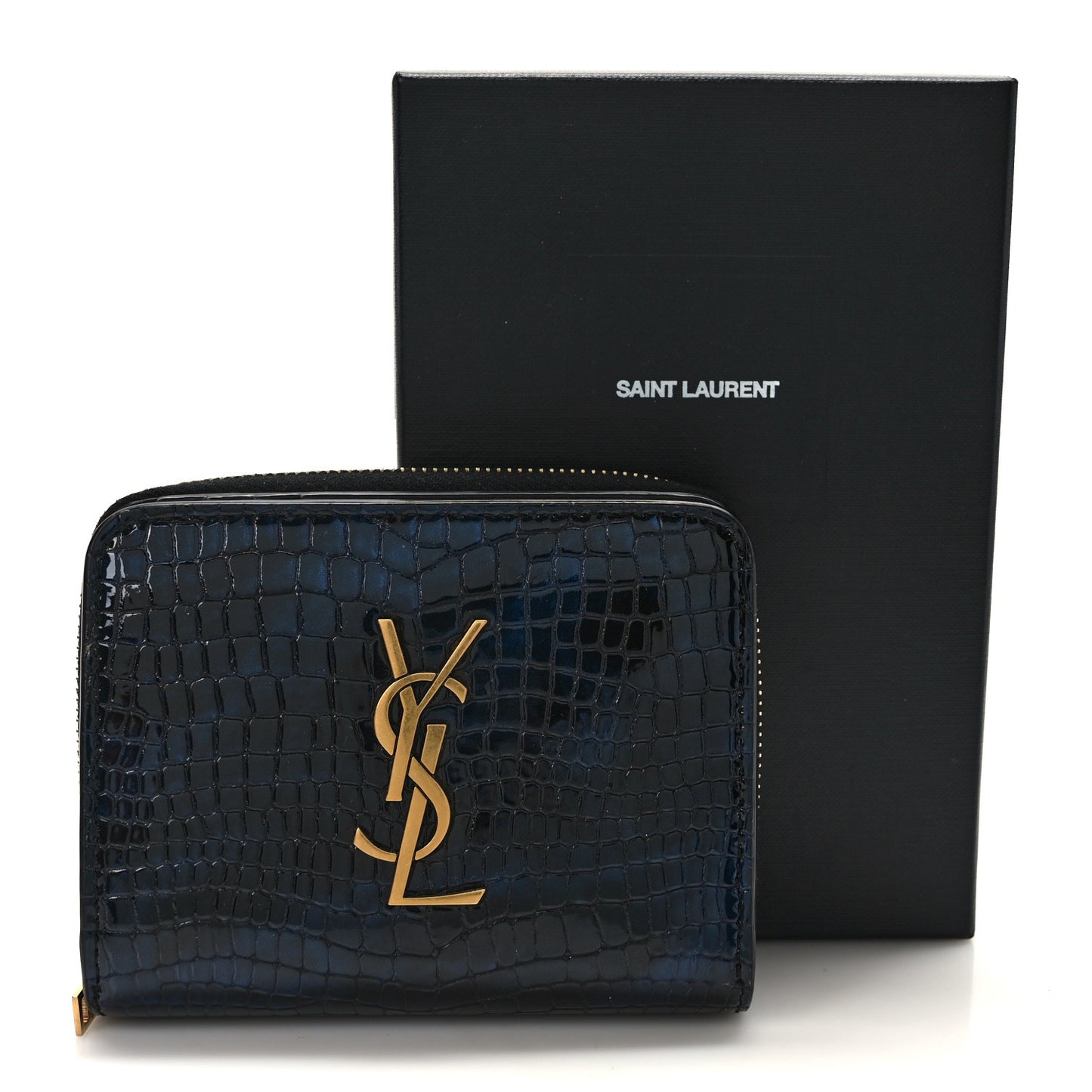 Calfskin Crocodile Embossed Monogram Compact Wallet Blue Black