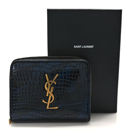 Saint Laurent Calfskin Crocodile Embossed Monogram Compact Wallet Blue Black 10 of 10