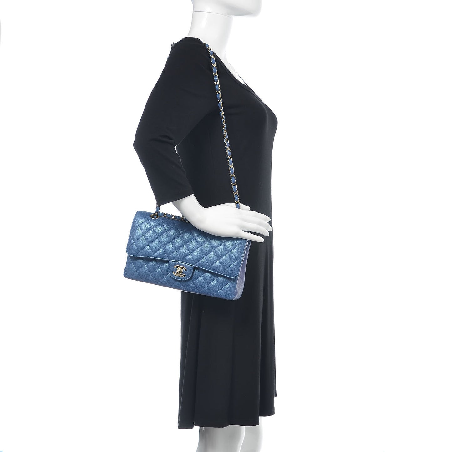 Iridescent Caviar Quilted Medium Double Flap Dark Blue
