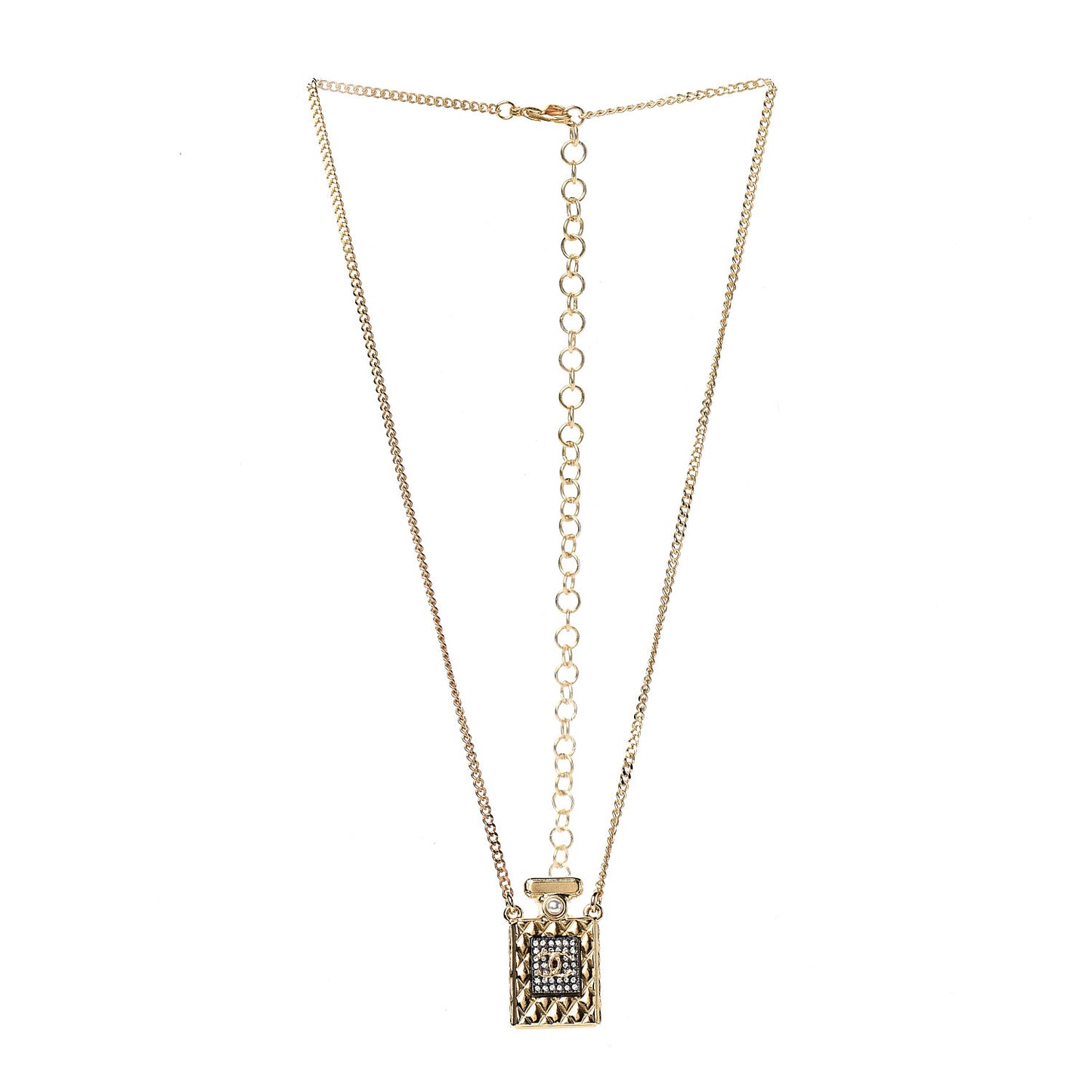 Crystal Pearl Perfume Bottle CC Necklace Black Gold