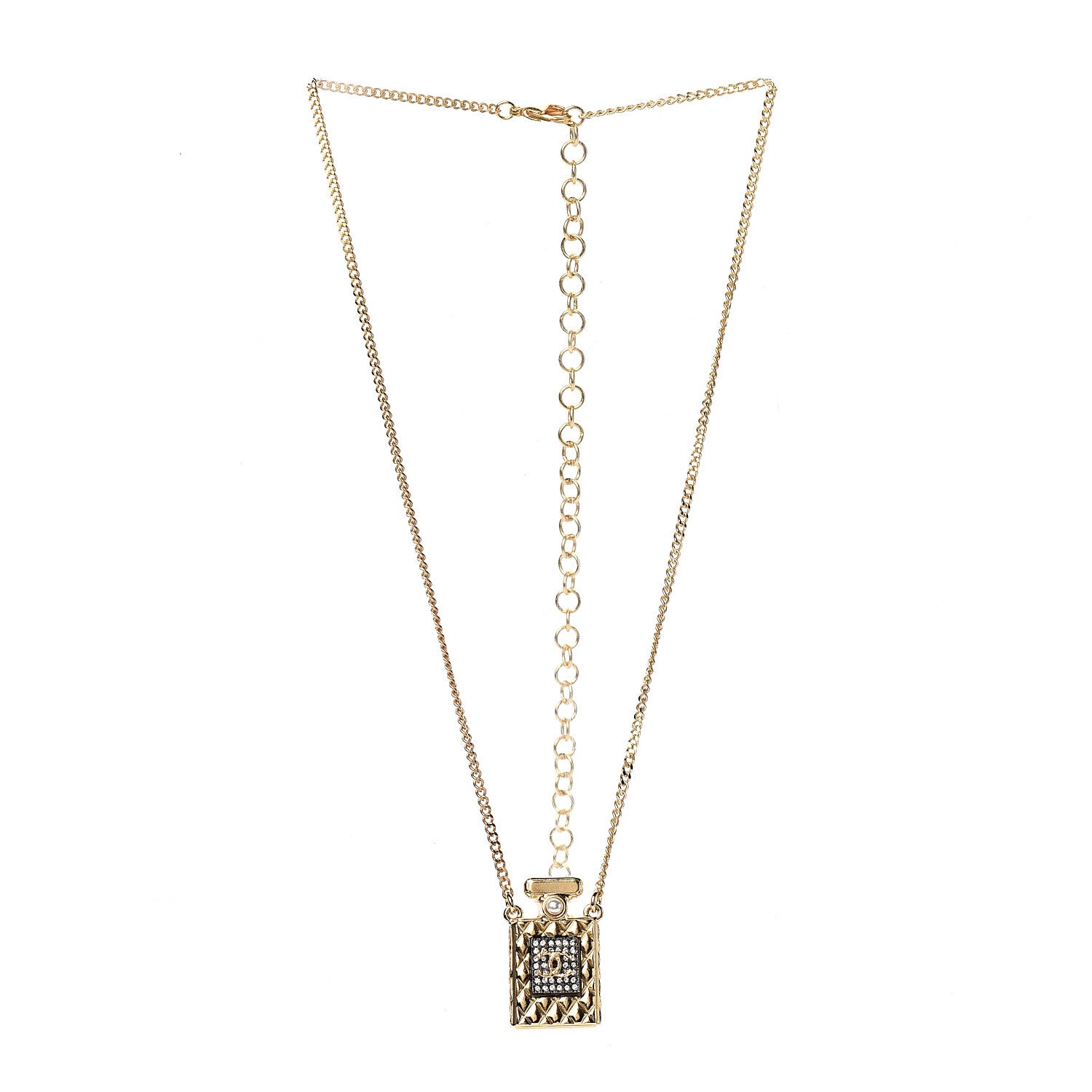 Chanel Crystal Pearl Perfume Bottle CC Necklace Black Gold 2 of 4