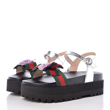 Gucci Metallic Calfskin Web Platform Sandal 38.5 Black 3 of 7